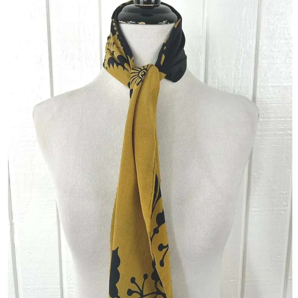 Black Gold Floral Satin Scarf Oblong Wrap Boho Chic Lightweight Statement